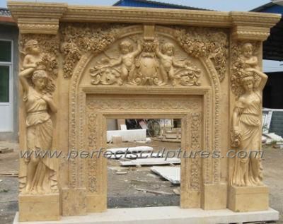 Marble Fireplace Mantel with Carved Figure Flower Cherub Statue (QY-LS828)