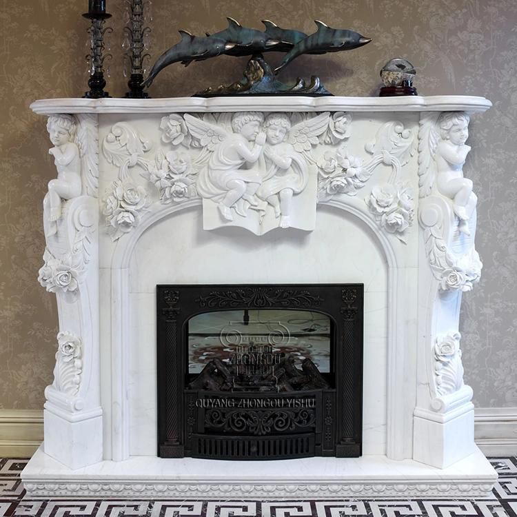 Heavily Carved Marble Fireplace Mantel Carvings Include Life Sized Children Reading Books and Angels Flying T-7187