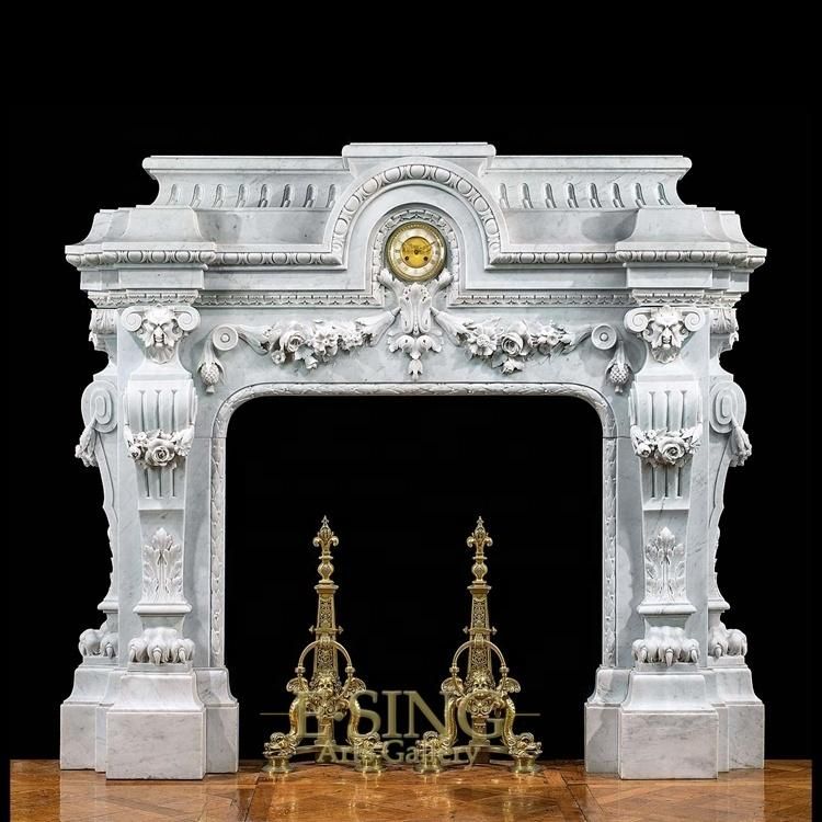 Large and Elaborately Carved Rococo Style Natural Marble Stone Mantels Fireplace Surround
