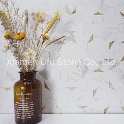 Hexagon White Marble Mosaic Tile Mixed Golden Metal Mosaic Tiles for Kitchen and Bathroom