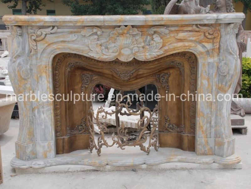 Natural Stone Marble Fireplace Carved Bronze Sculpture (SYMF-265)