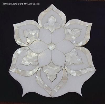 Beautiful Flower Design Thassos White Marble with Pearl Shell Water-Jet Mosaic Panels Wall Floor Tiles