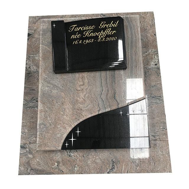 Indian Juparana Yellow Granite Gravestone with Black Open Book Sculpture