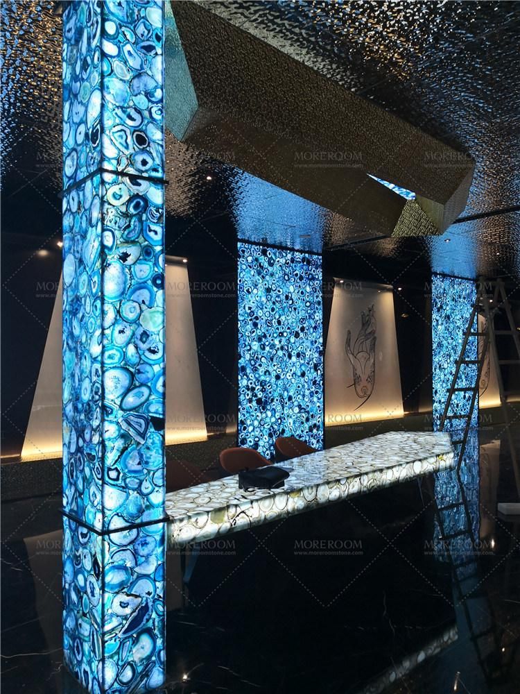 Luxurious Cafe Salon Backlit Blue Agate Semi Precious Gemstone Natural Marble Stone Slab