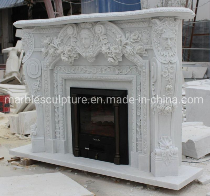 Luxury Elegant White Marble Fireplace Mantel Carved Statues (SYMF-314)