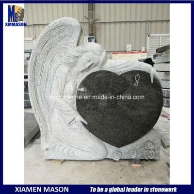 China Supply Natural Granite Weeping Angel Holding Black Heart Tombstone