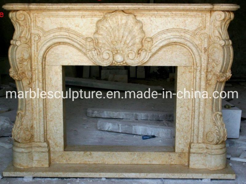 Customized Hand Carved Stone Beige Marble Fireplace (SYMF-079)
