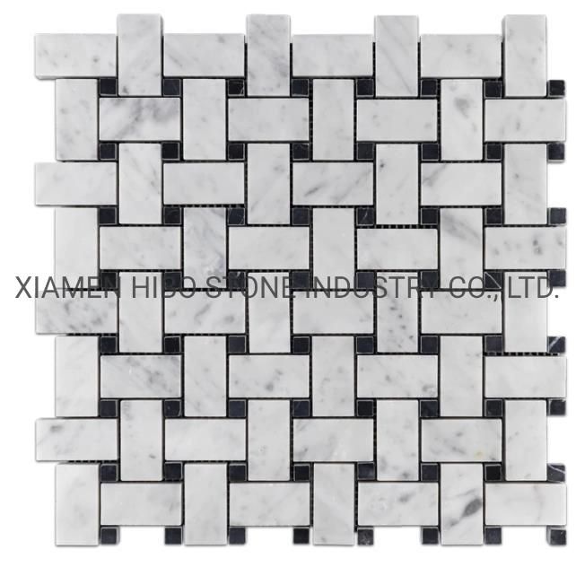 Italian Bianco Carrara White and Bardiglio Grey Dots Basketweave Mosaics