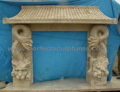 Beige Color Travertin Fireplace with Carving Stone Dragon Statue (QY-LS258)