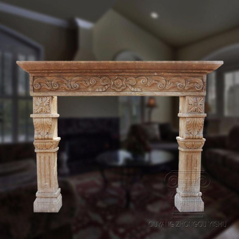 Limestone Fireplace with Antique Treatment, Marble Mantel