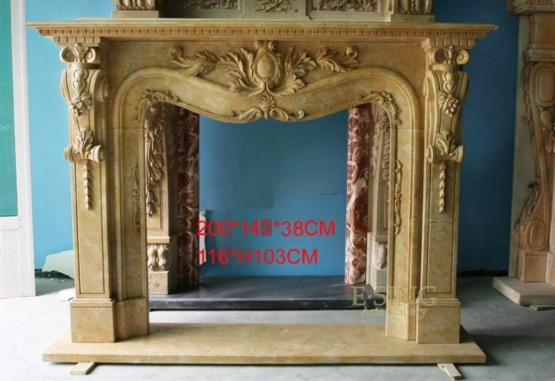 China Manufacturer Customize Yellow Marble Detail Hand Carved Stone Fireplace