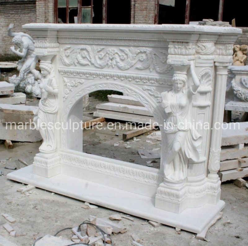 Pure White Marble Fireplace Carved Lady Figure Statue Sculpture (SYMF-260)