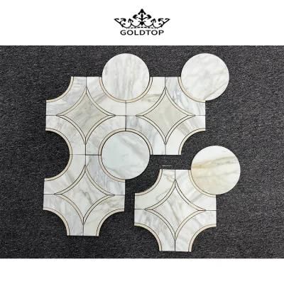 Calacatta White Marble Mosaic Tile Mixed Golden Metal Mosaic Tiles for Kitchen and Bathroom