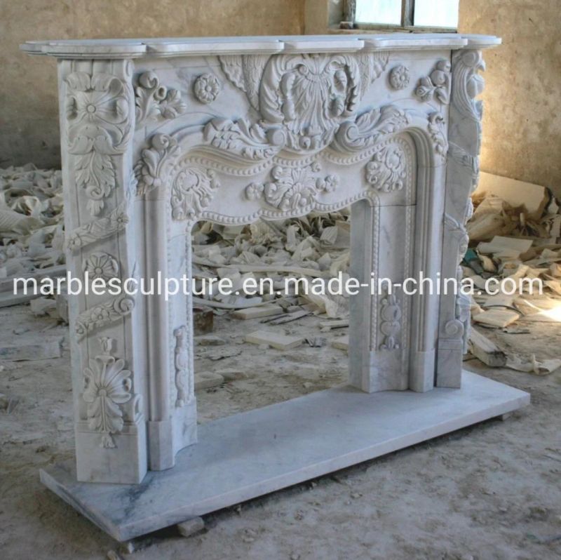 Hand Carved Luxury White Marble Fireplace with Beautiful Flowers (SYMF-080)
