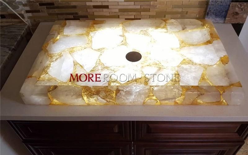 Moreroom Stone Translucent Natural Quartz White Crystal Semi Precious Stone Countertops with Golden Foil / Powder