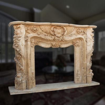 Travertin Stone Fireplace &amp; Beautiful Marble Mantel Home Ornament