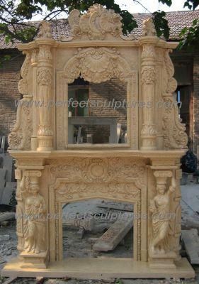 Egyptian Beige Double Fireplace Surround with Carved Flower Lady Statue (QY-LS869)