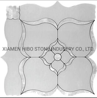 Natural Stone Marble Pure White Thassos and Shell Waterjet Flower Pattern Mosaic Tile Waterjet Tile