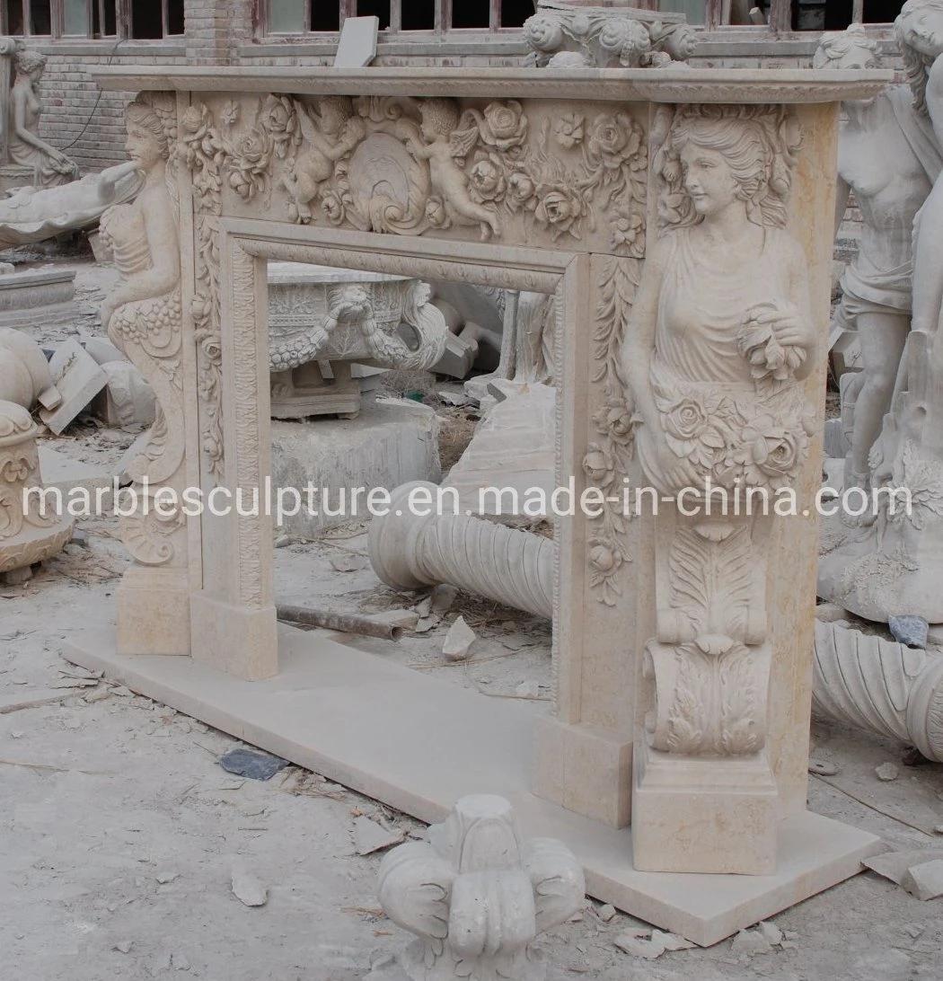 Exquisite Marble Fireplace Carving Angel and Lady Surround Flowers (SYMF-264)