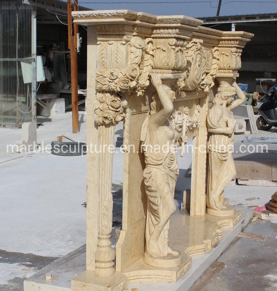 Luxury Designs Beige Marble Fireplace Carved Figures and Flowers (SYMF-289)