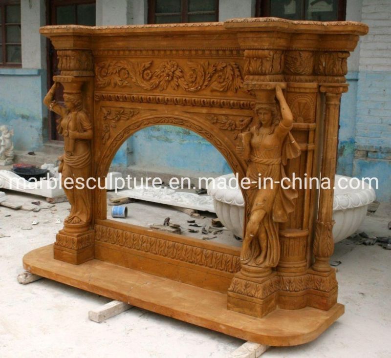 Hand Carved Yellow Classic Marble Fireplace with Women Columns (SYMF-086)
