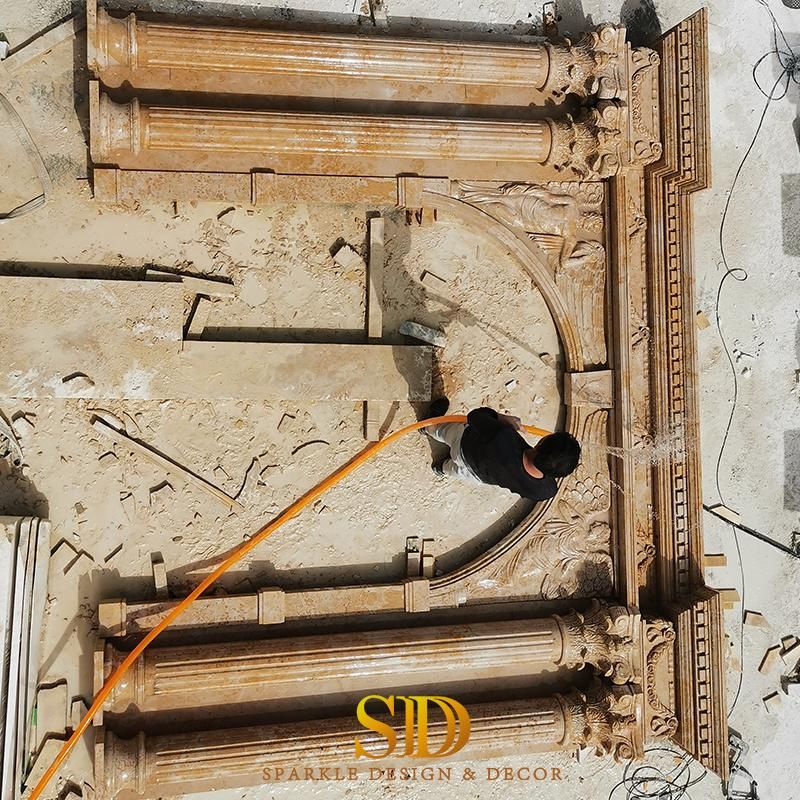 China Hand Carved Classic Round Yellow Marble Column/Pillar with Complicated Capital for Door Decor