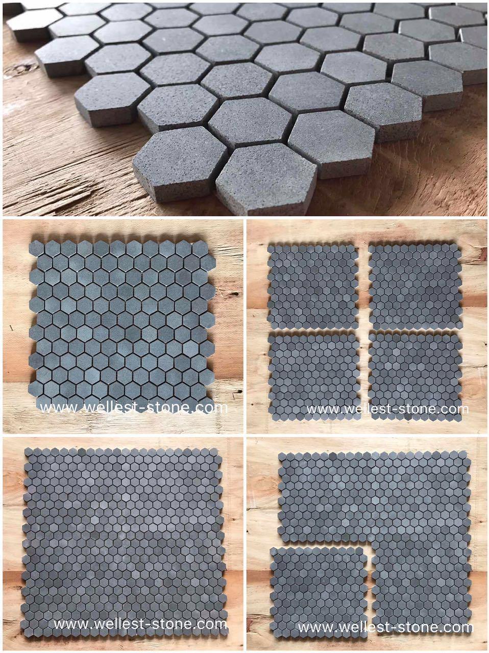 Natural Stone Hexagon Pattern Honed Finish Black Basalt Mosaic