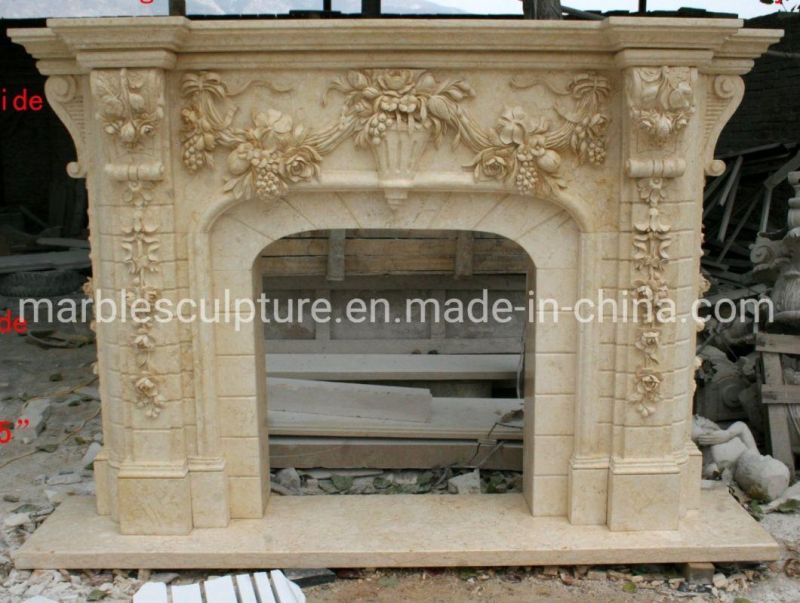 Beige Hand Carved Marble Stone Fireplace Surround with Flowers (SYMF-234)