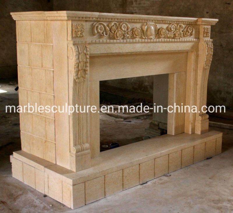 Hot Sale Indoor Natural Stone Beige Marble French Fireplace (SYMF-076)