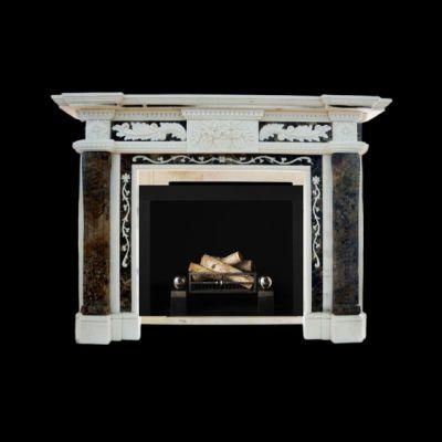 Custom Made Deep Brown and White Marble Carving Fireplace Mantel