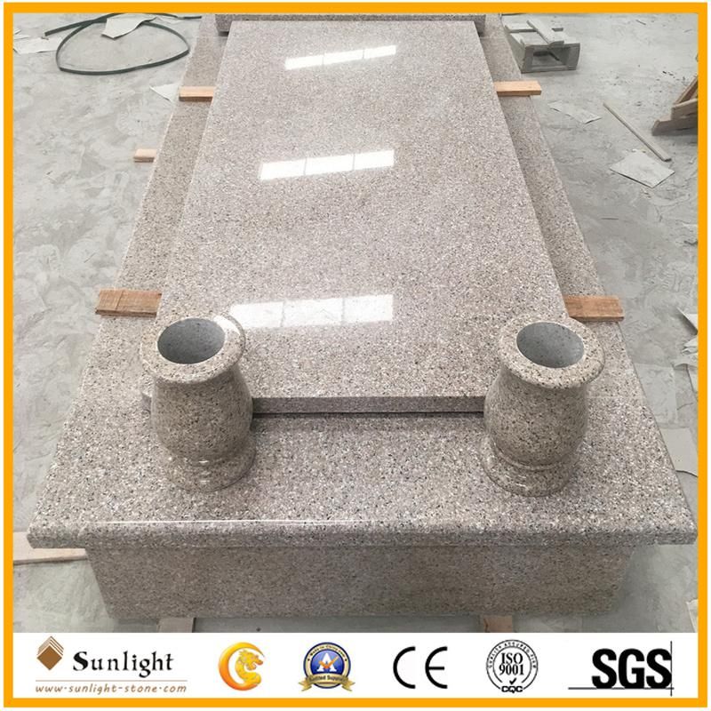 High Quality Beige Granite Tombstone Slab with Vase Carving Headstone