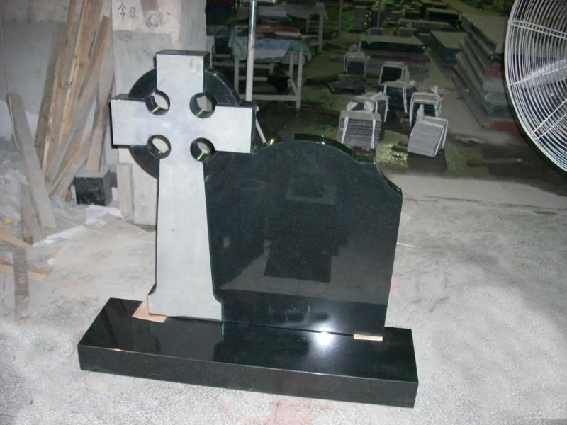 Black Granite Headstone Base with Cross Design