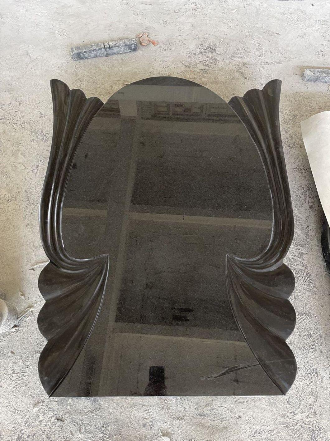 Black Granite Heart Shaped Headstone Carved Bird Flower for Cemetery Memorial
