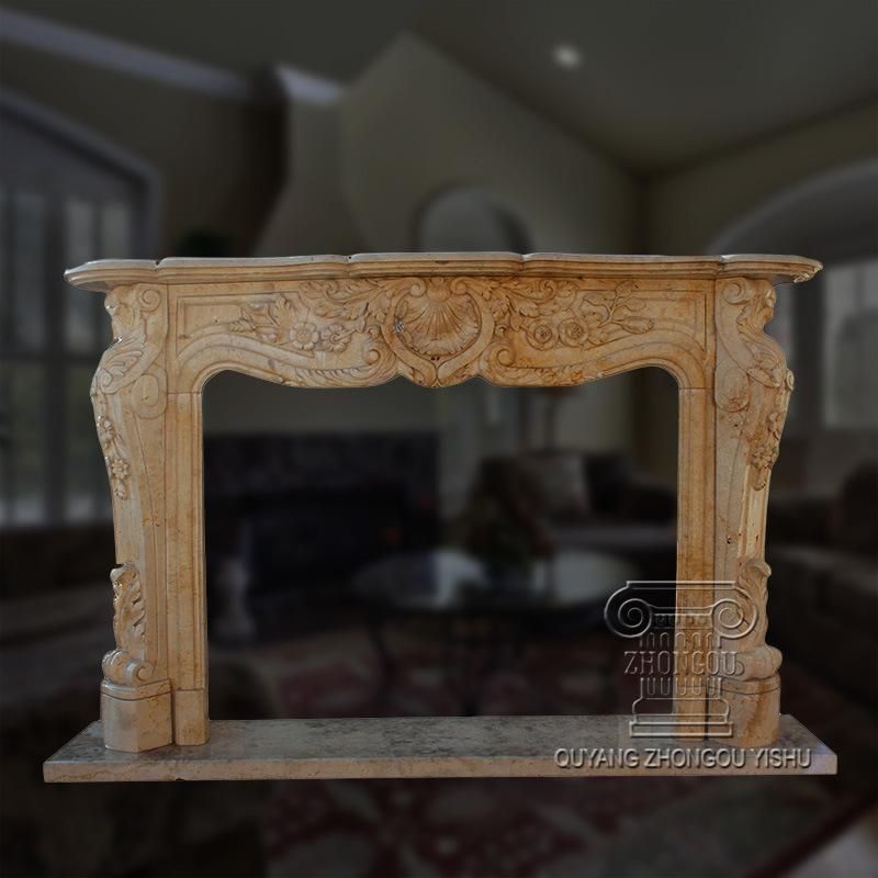Classic Yellow Marble Fireplace Indoor Decorationwith Carving Flowers