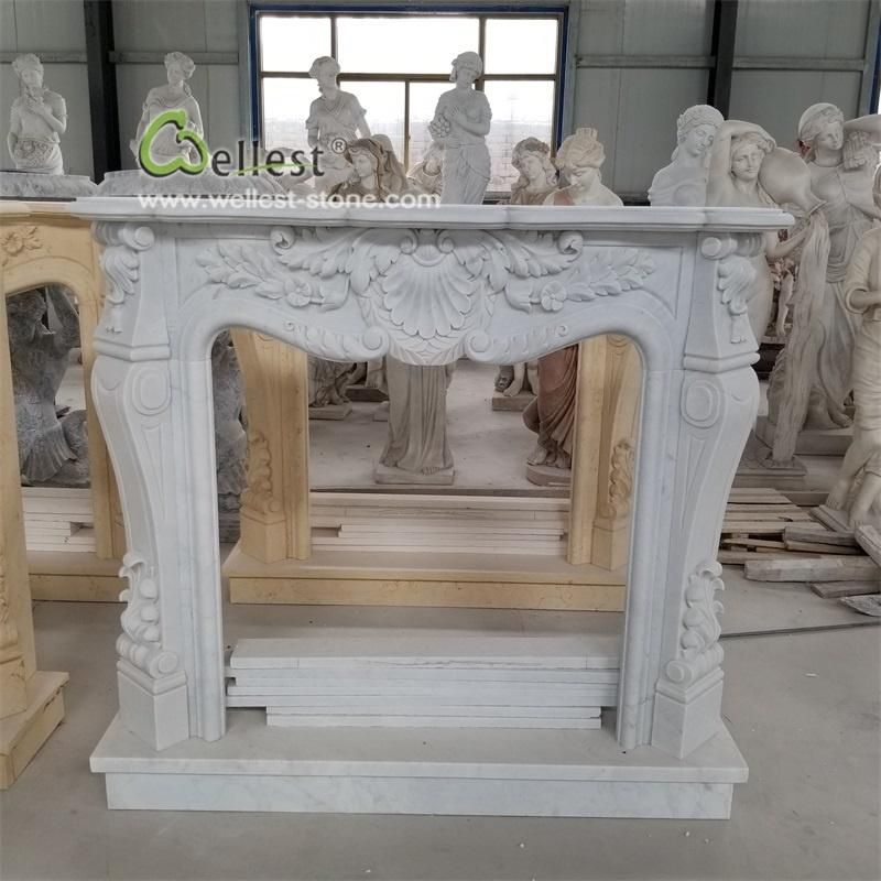 Europe Style Caverd Handmade White Marble Sculpture Fireplace Surround Stone Mantel