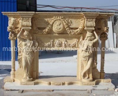 Luxury Designs Beige Marble Fireplace Carved Figures and Flowers (SYMF-289)