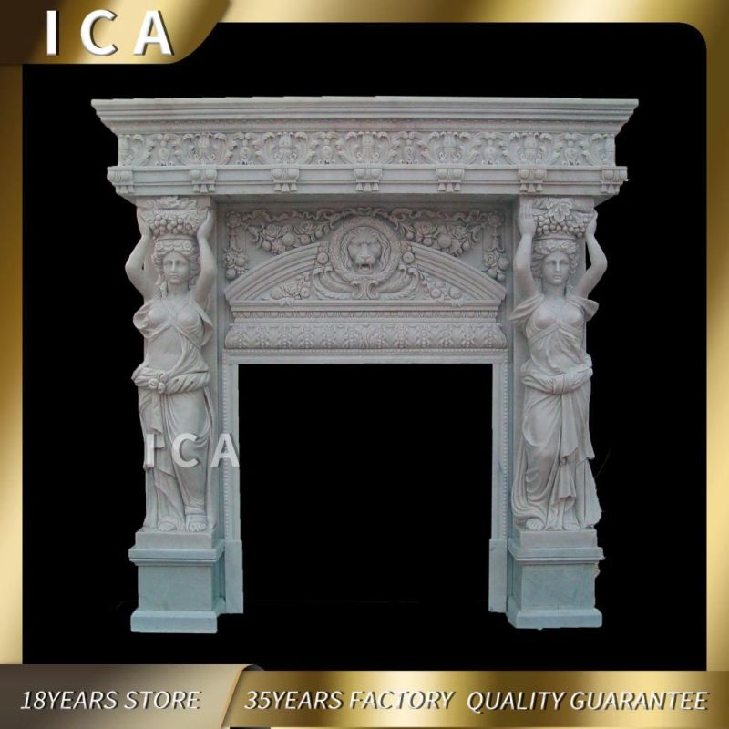 Roman Statue Style Natural Stone Metal White Marble Fireplace