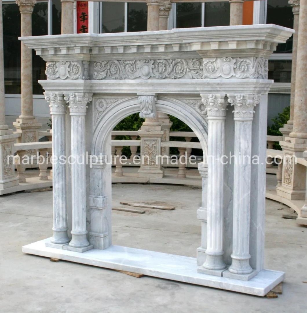 Hand Carved Arched White Marble Fireplace with Column (SYMF-241)