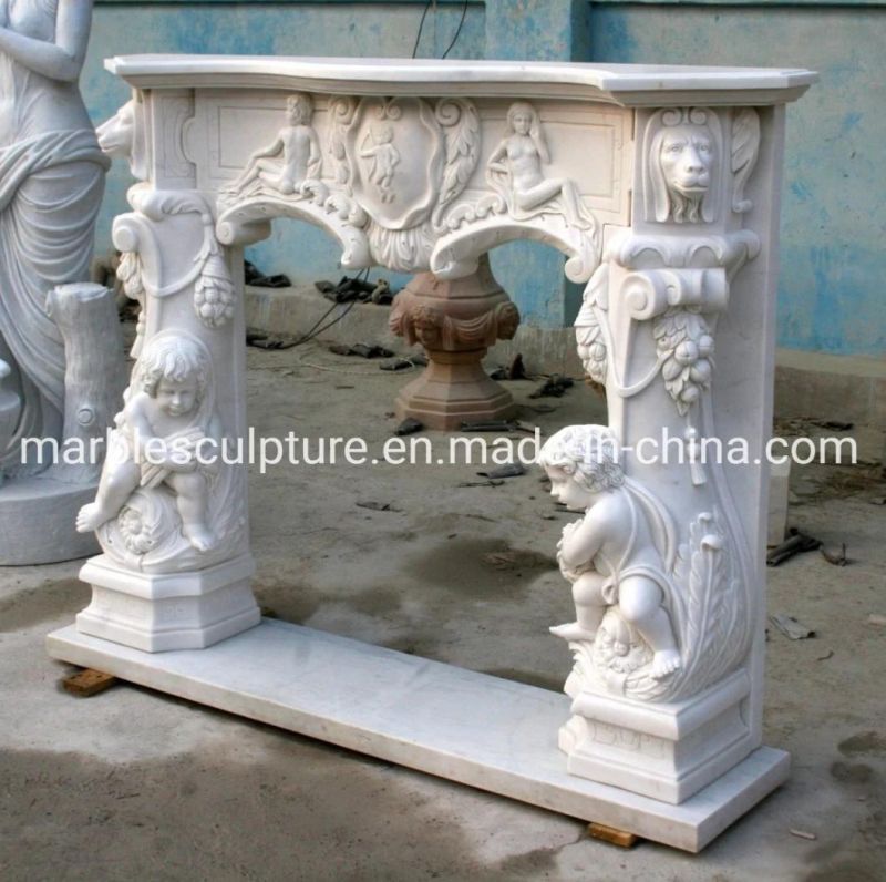 Popular Pure White Hand Carving. Babay Cherubs Marble Fireplace (SYMF-123)