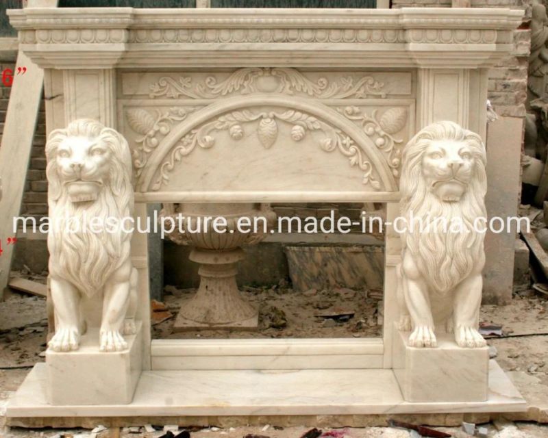 Beautiful Hand Carving Lions Home Decoration Beige Marble Fireplace (SYMF-162)