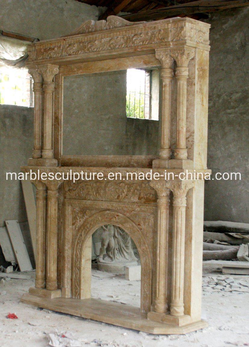 Classic Beige Stone Sculpture Mantel Double Marble Fireplace (SYMF-098)