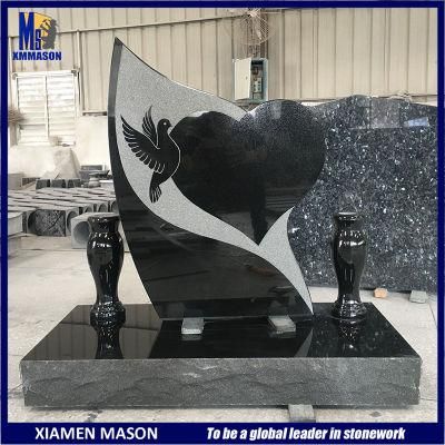 Beautiful Heart Shape Indian Black Granite Tombstone with Double Vases