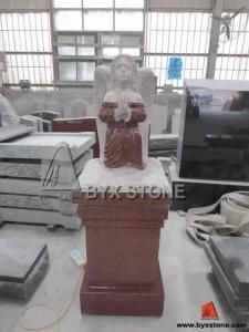 Praying Angel Pedestal Memorial Monument / Headstone of Red Granite