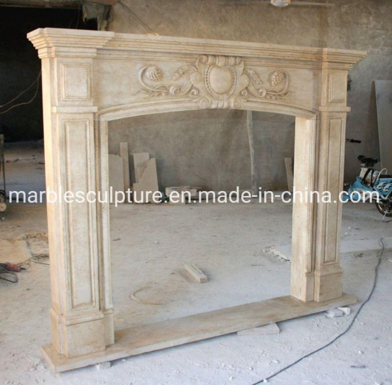 Simple Style Sculpture Beige Stone Mantel Marble Fireplace (SYMF-096)
