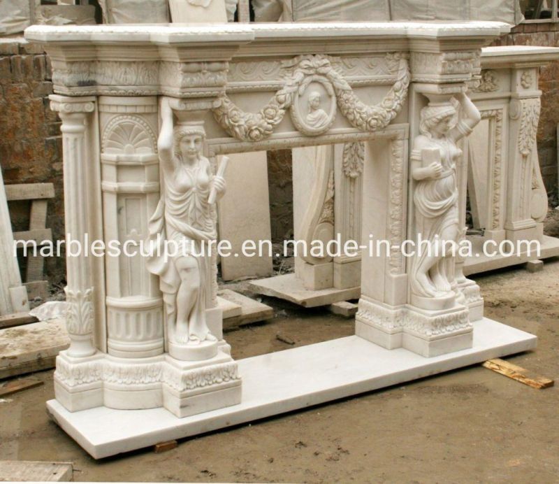 Hand Carved Luxury White Marble Fireplace with Lady Figures (SYMF-136)