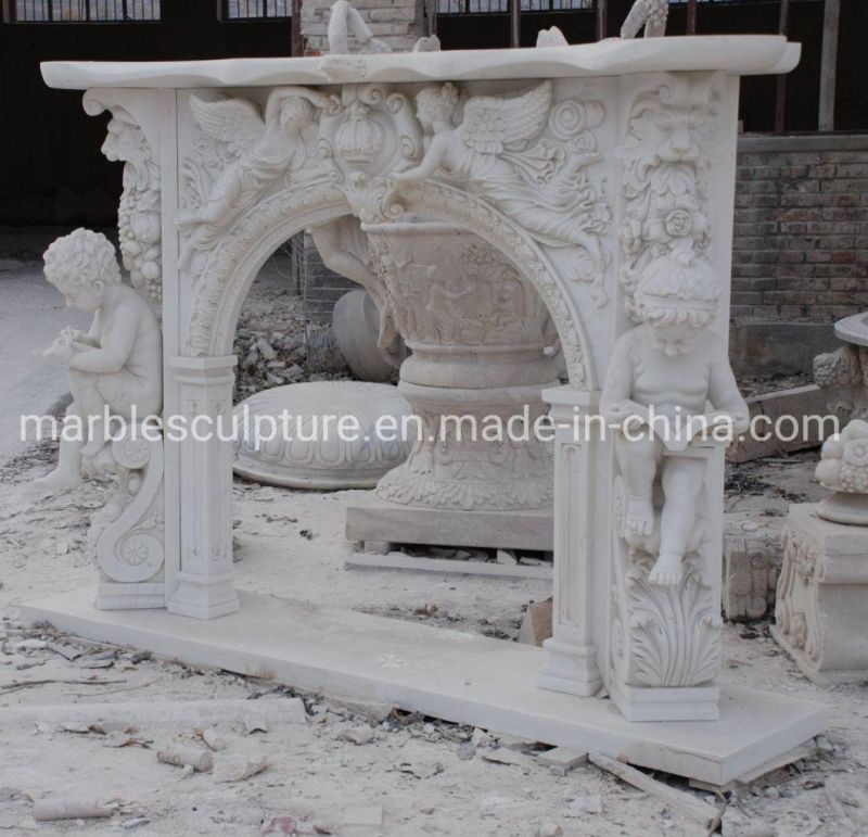Exquisite Pure White Marble Fireplace Hand Carved Angel (SYMF-263)
