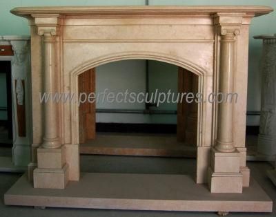 Freestanding Yellow Beige Limestone Fireplace with Carved Column Pillar (QY-LE121)