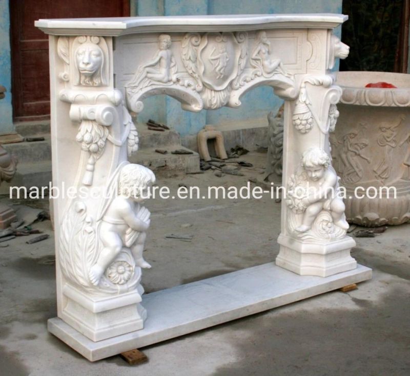 Popular Pure White Hand Carving. Babay Cherubs Marble Fireplace (SYMF-123)