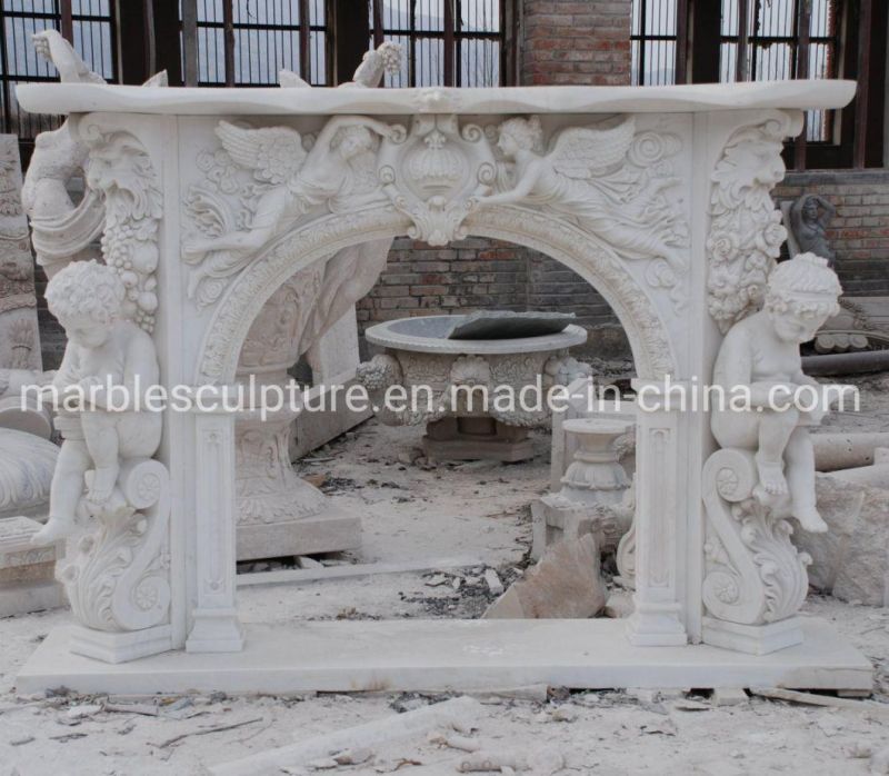 Exquisite Pure White Marble Fireplace Hand Carved Angel (SYMF-263)