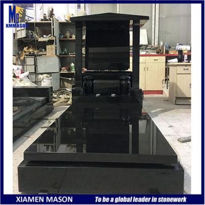 Western Style Black Granite Tombstone with Pillar Sculptures